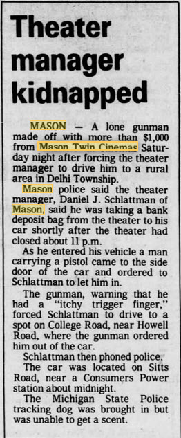 Mason Twin Cinema (Plaza Cinema 1 and 2) - ROBBERY REPORT NOV 10 1980